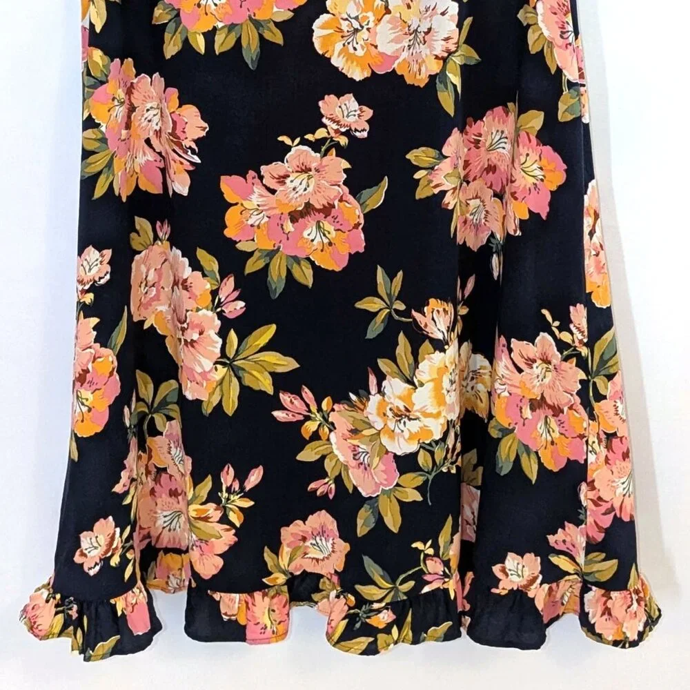 LOFT | Ruffle Floral Split Neck Sleeveless Mini Dress in Navy Blue Multi | Small - Picture 7 of 11